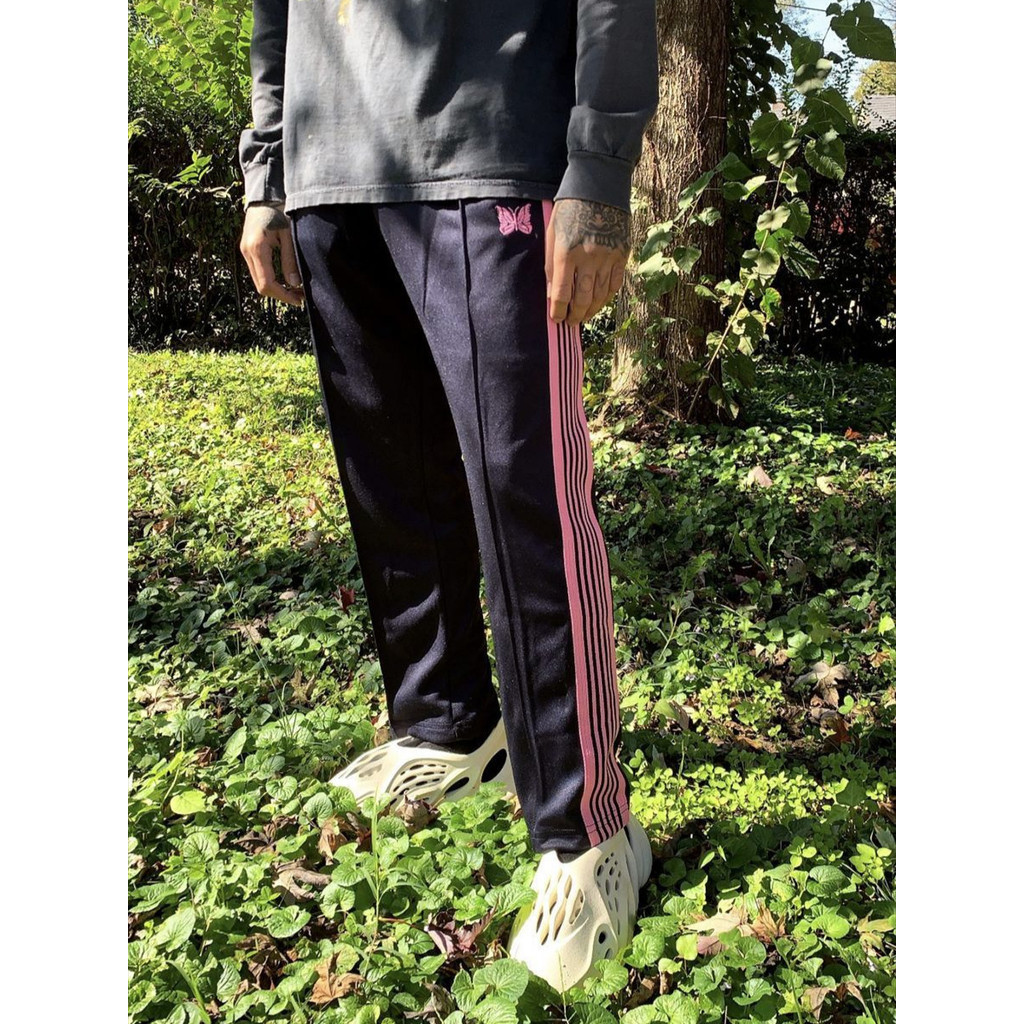 W8CR Needles Track pants Pink striped webbing with butterfly embroidery Japanese-style summer sports