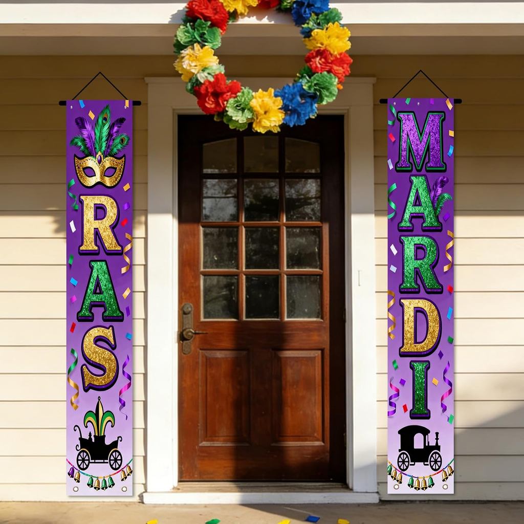 Bộ đồ trang trí cửa lễ hội Polyester 70x12 inch, Biểu ngữ dọc theo chủ đề Mardi Gras với xe chở khẩu