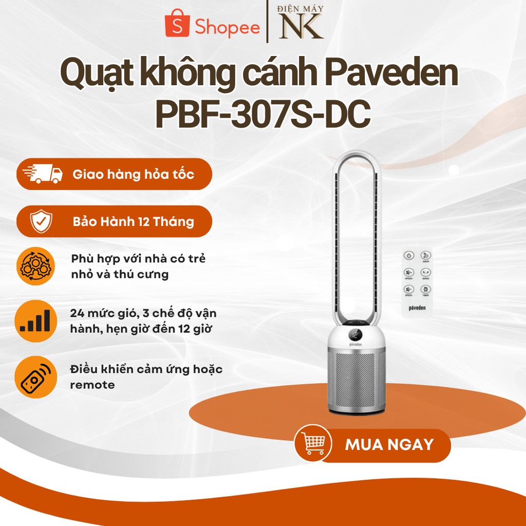 Quạt Không Cánh Paveden PBF-307S-DC - 24 mức gió - Chế độ hẹn giờ đến 12 giờ - Bảo Hành 12 Tháng