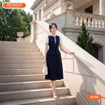 Đầm thiết kế BEMINE cổ tròn viền bèo dáng peplum tùng chữ A phù hợp đi làm-B706