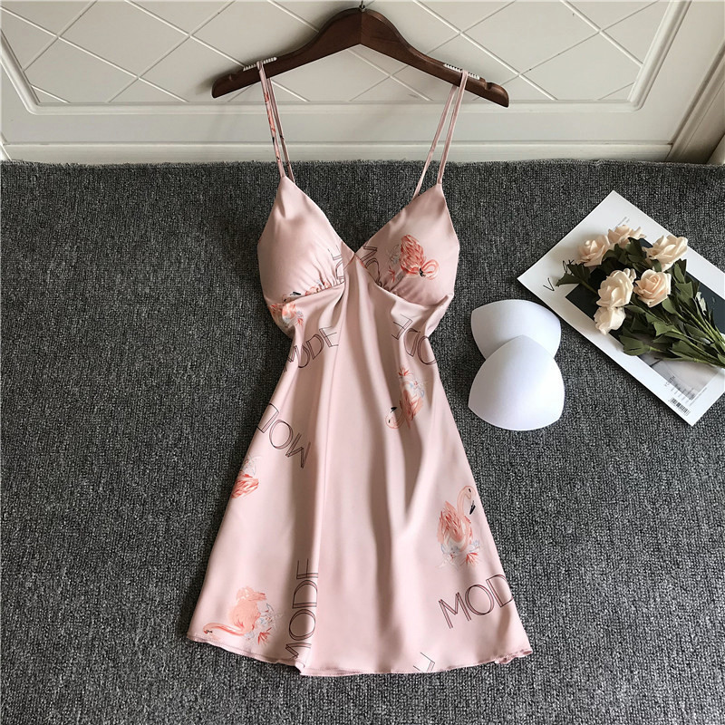 Váy và Bộ Đồ Ngủ Flamingo Lụa Mỏng Cho Mùa Xuân/Thu, Có Miếng Lót Ngực