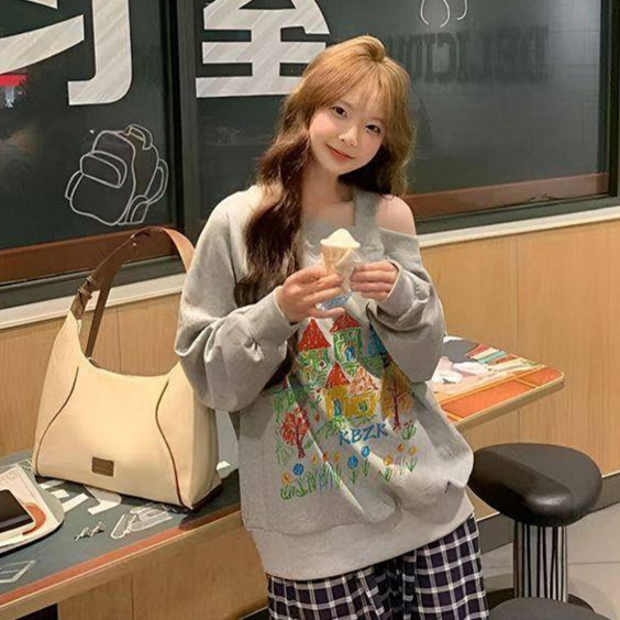 Women's Cotton Graffiti Printing Long-Sleeved off-Shoulder Sweater Dopamine Loose Outer Wear off-Sho