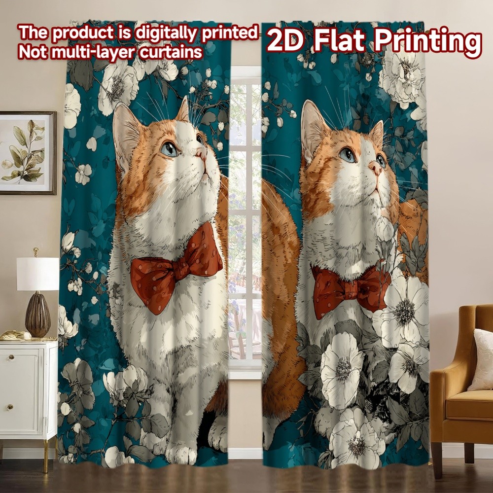 In phẳng 2D, 2 rèm phong cảnh Ramadan Kareem Happy Cat Floral Design Polyester bền, không có lò xo đ