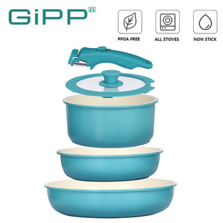 GiPP Bộ nồi đá gốm chống dính màu xanh  có tay cầm có thể tháo rời PFAS 5 mảnh, PTFE và PFOA Chống dính Thích hợp cho tất cả các bếp