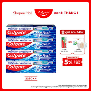  Bộ 4 Kem đánh răng Colgate Maxfresh bạc hà the mát 225g tuýp tặng bàn chải đánh răng lông mềm 
