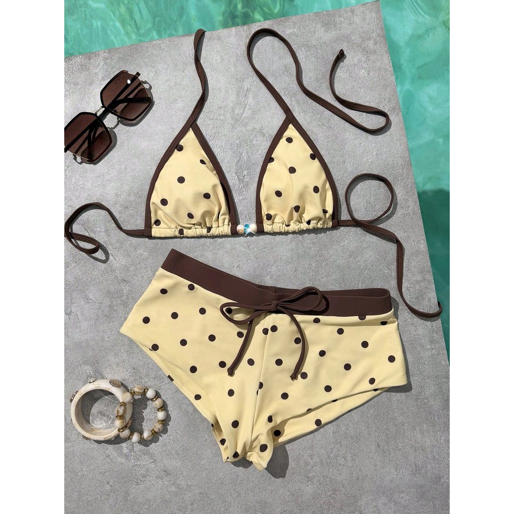 (CÓ SẴN) Bikini nữ 2 mảnh phối quần short vintage tôn dáng ngọt ngào họa tiết chấm bi, đồ bơi nữ che bụng - KÈM ẢNH THẬT
