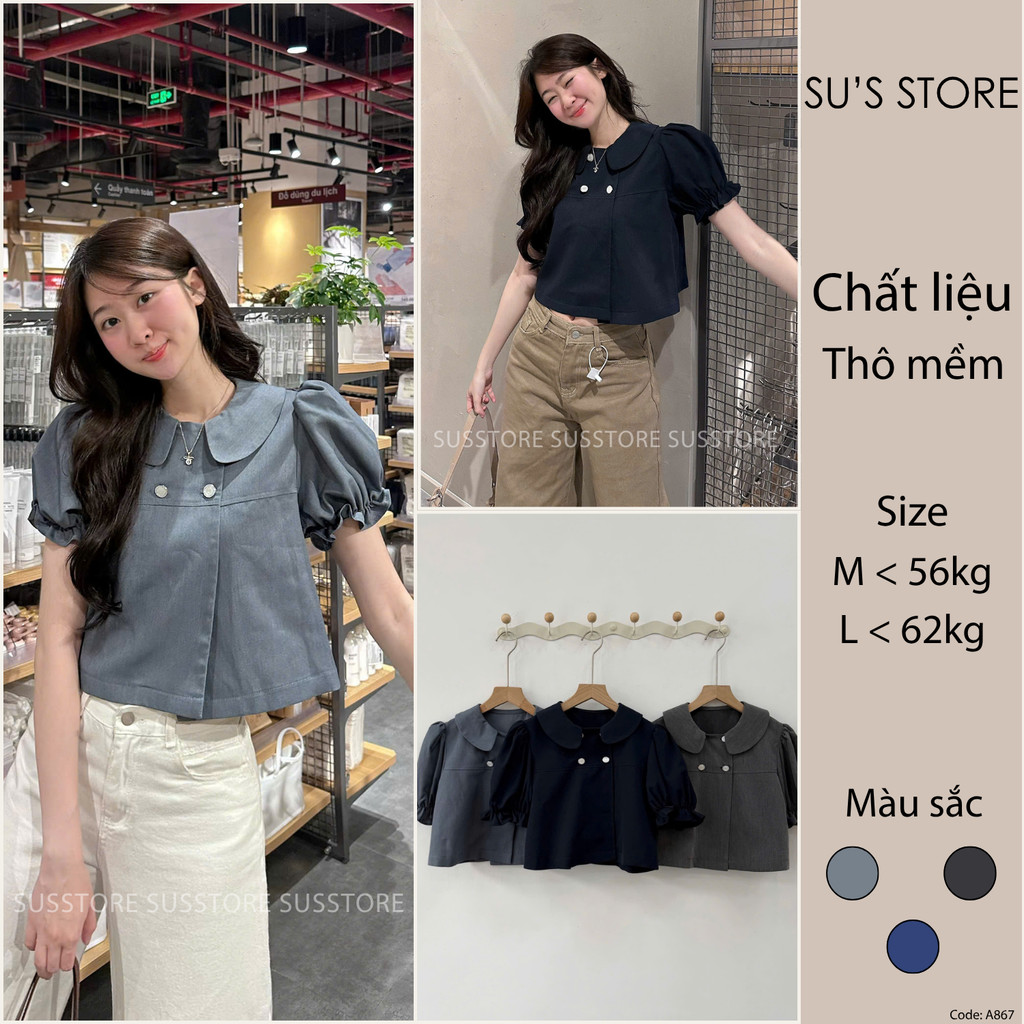 Áo Sơ Mi Cổ Sen Tay Bồng Chun Cúc Ngọc Dáng Croptop A867 SUSSTORE Thời Trang Nữ