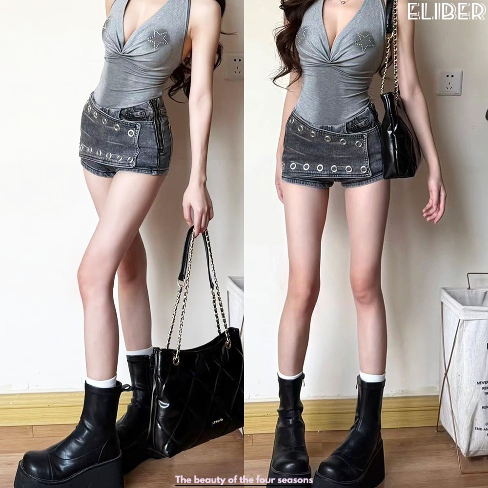 ELIBER- Quần Short Denim Đen Xám ỐNg RộNg Bất Đối Xứng Hot Girl Phong Cách Đường Phố Giản Dị #548