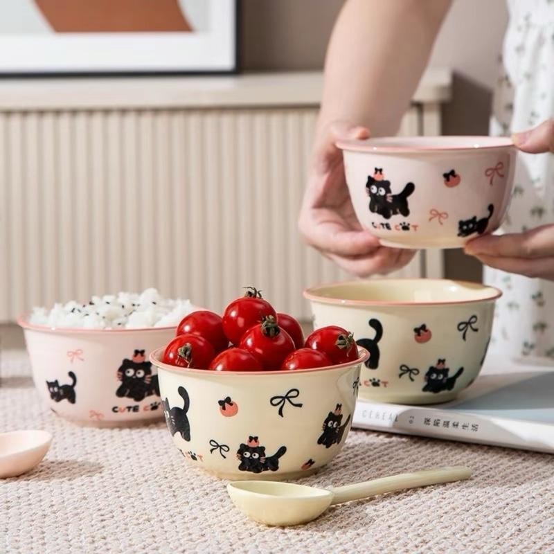 Bộ 2 Bát Sứ Kèm 2 Thìa Sứ Mèo Đen Nơ Cute Cat Đáng Yêu hữu ích