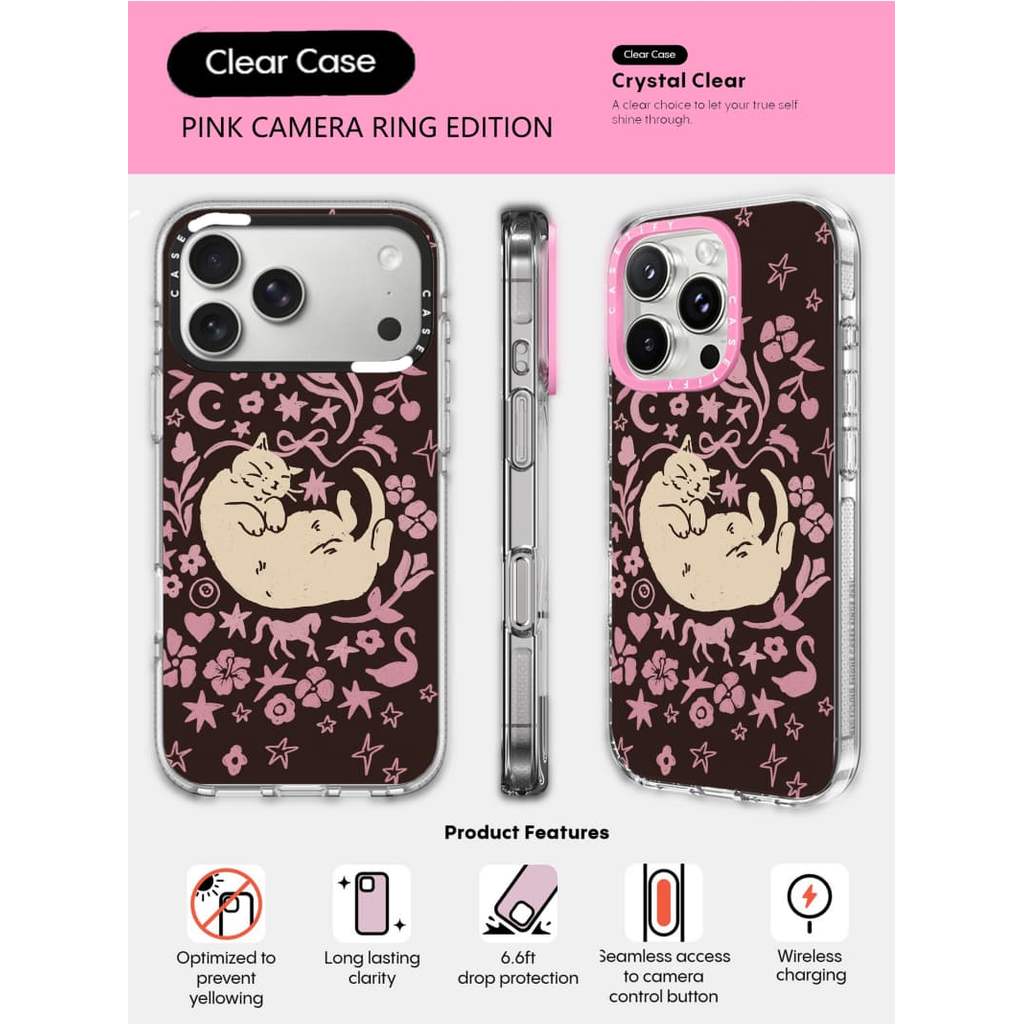 CASECASE X Eepy Cat Case HỒNG CAMERA RING EDITION Tác động Vỏ hút từ tính trong suốt cho iPhone 17 /