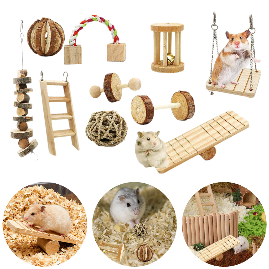 [Cyanfire] Đồ chơi con lăn thỏ dễ thương bằng gỗ tự nhiên Dumbells bánh xích đu cưa chuông nhai Đồ c