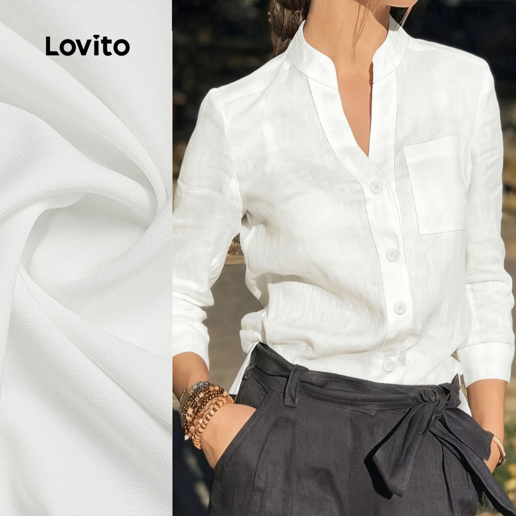 Lovito Áo sơ mi trắng mùa thu/đông nữ có túi LK2AD1092
