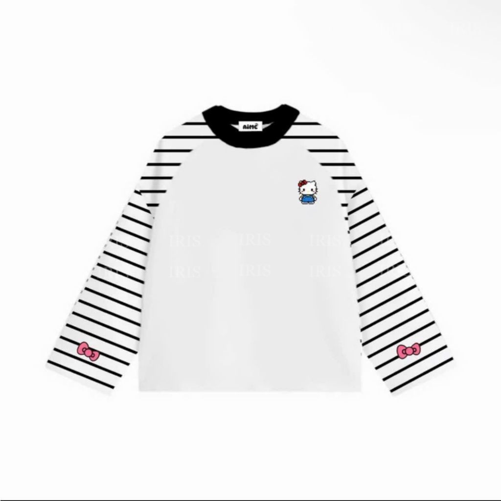 Áo Phông Tay Dài Unisex Raplang Kẻ Sọc Ngang, Áo Thun Boxy Oversize Họa Tiết Mèo Nơ Phong Cách Hàn