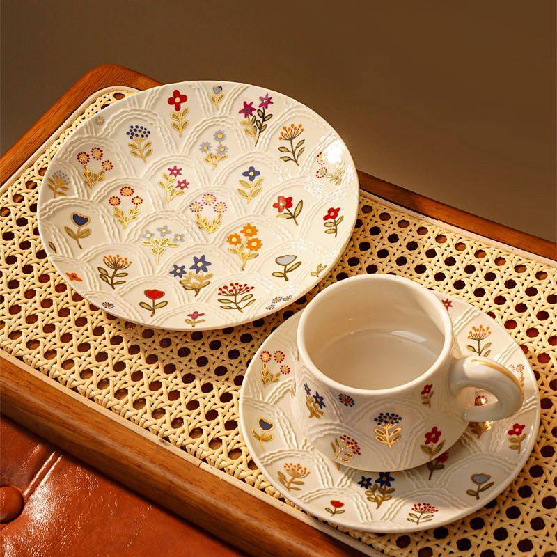 Ceramic Relief Plate Exquisite and Beautiful Dessert Plate Retro Coffee Cup Set Afternoon Tea Cup Br