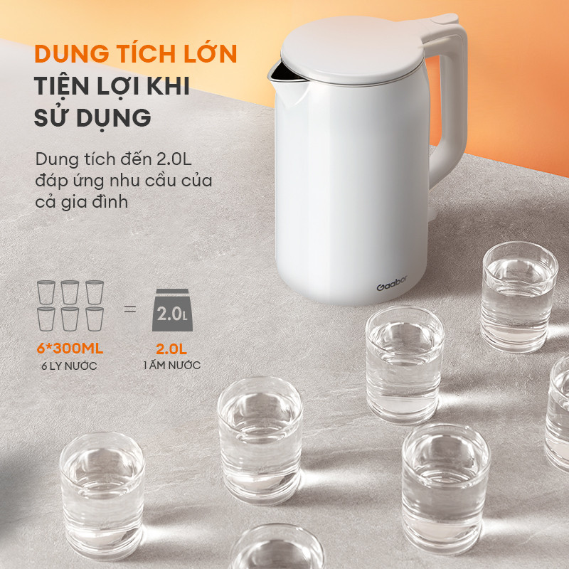 【new】Bình đun siêu tốc Gaabor EK20M-WH01A dung tích lớn 2L công suất 1500W lòng ấm thép liền kề dễ v