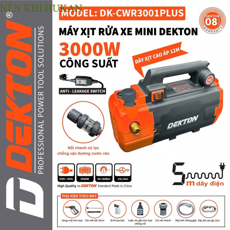 Nén Khí HUKAN Máy Rửa Xe Chỉnh Áp DEKTON DK-CWR3001PLUS 3000W - Có Công Tắc Chống Giật - Phiên Bản N