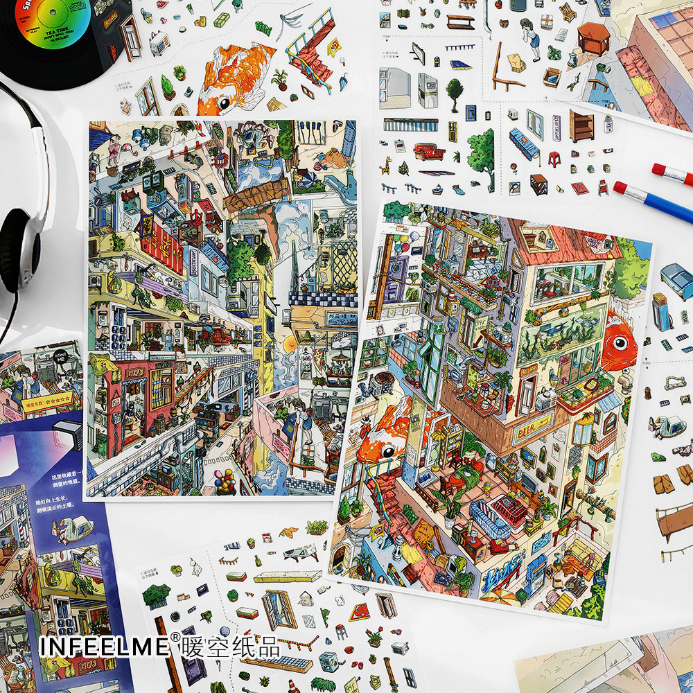 Idako [My Cabin Twentyth Bullet] 4 Miếng Dán Cảnh Quan Kích Thước Lớn 2.5D City Street View SS777