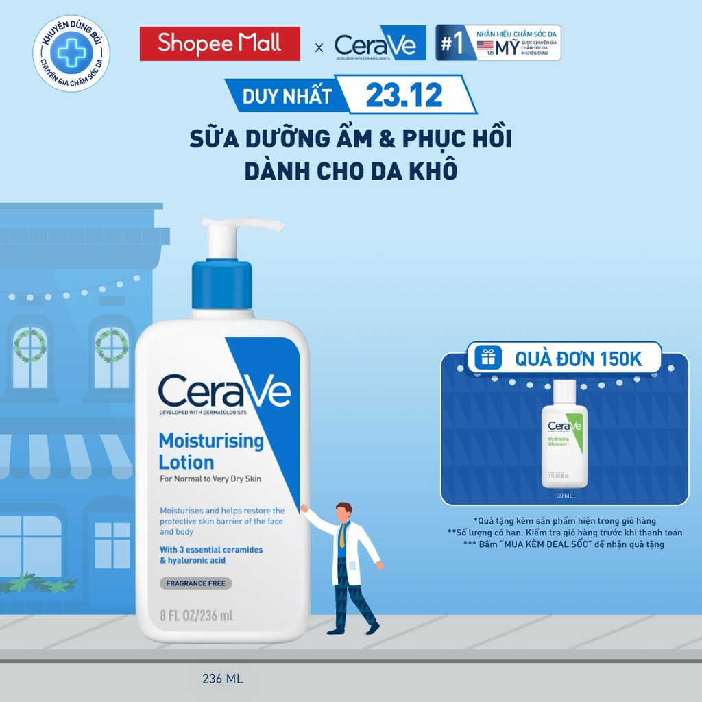 Sữa dưỡng ẩm phục hồi chuyên sâu và giữ da ẩm mịn suốt 48H, duy trì hàng rào bảo vệ da CERAVE MOISTURISING LOTION 236ML