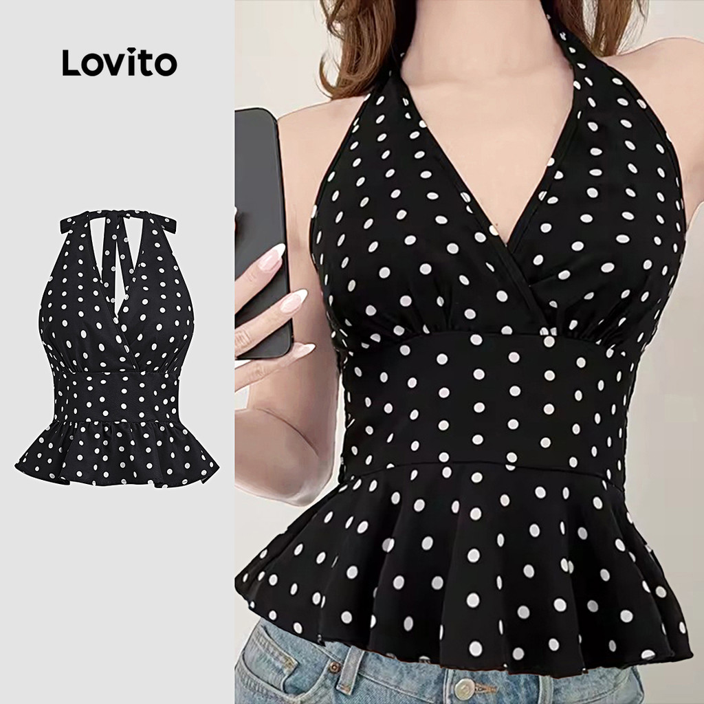 (NEW) Lovito Áo sơ mi cao cấp elegant cột dây phía sau không dây mùa xuân/hè áo sơ mi đen trắng L154