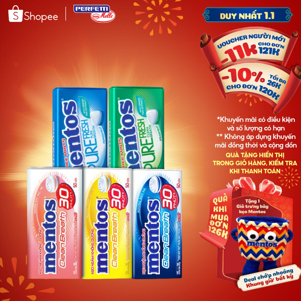  COMBO 2 hộp thiếc kẹo Ngậm Không Đường Mentos Clean Breath  nhiều hương  cho hơi thở thơm mát trong suốt 30 phút 