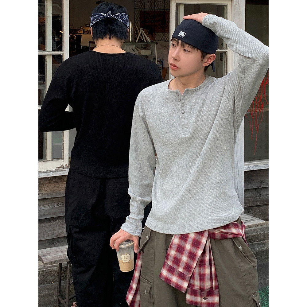 MYQ Waffle Henry Collar Long Sleeve T Men's Autumn Slim Fit Versatile Base Shirt Old Money Style Out