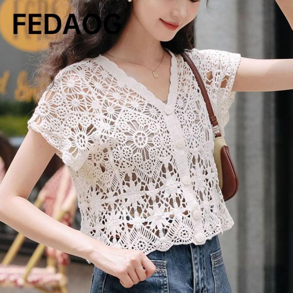 Áo móc cổ chữ V tay ngắn style boho thời trang dành cho nữ