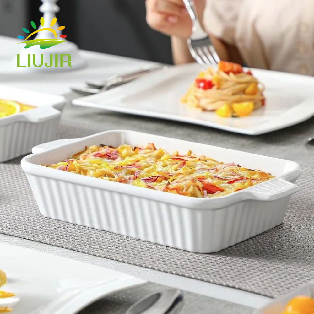 Đĩa nướng LIUJIR, Khay nướng gốm sứ sâu hình chữ nhật, họa tiết sọc bền có tay cầm Gà nướng Lasagna 
