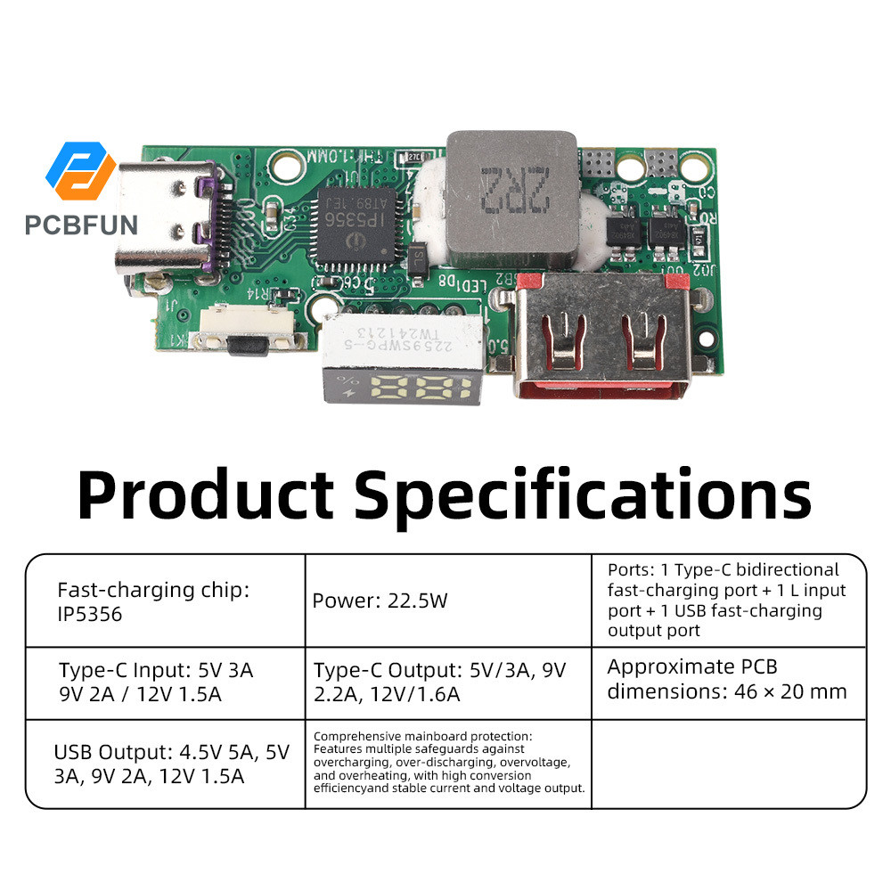 Mô-đun sạc siêu nhanh Pcbfun 22.5W IP5356 Ngân hàng điện di động DIY Bo mạch chủ