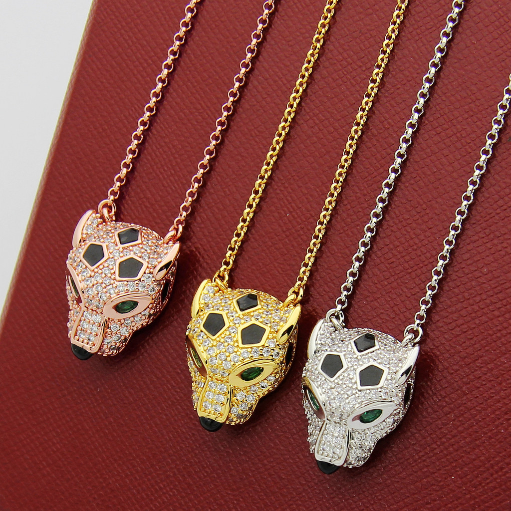 Green diamond eyes patterned leopard full-diamond necklace, couple's leopard necklace, leopard head 
