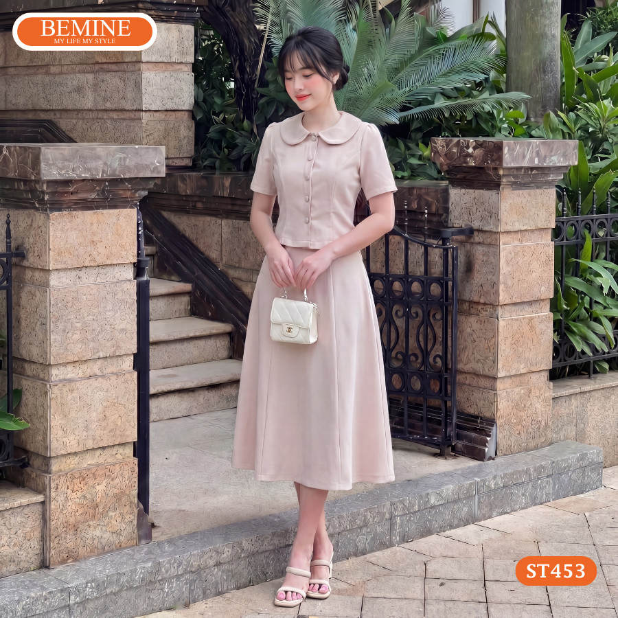 Set thiết kế BEMINE áo cổ sen đính cúc chân váy chữ A-ST453