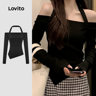  Lovito Áo thun đen bất đối xứng thanh lịch cho nữ mùa thu đông L166AD046 