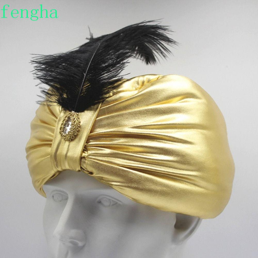 FENGHA Ấn Độ Xếp Ly Mũ, Mũ Ả Rập Quấn Đầu Turban Xếp Ly, Mũ Dân Tộc Vàng Dân Tộc Cosplay Sultan Tran
