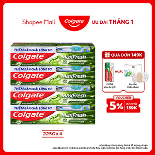  Bộ 4 Kem đánh răng Colgate Maxfresh Trà Xanh the mát 225g tuýp tặng bàn chải 
