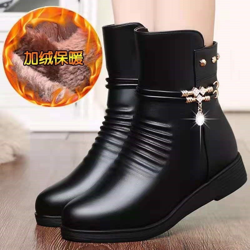 MC1 Qiu dong mẹ giày bốt cotton có veluet đế mềm ngắn phẳng nữ giữ ấm cho nữ trung niên và o