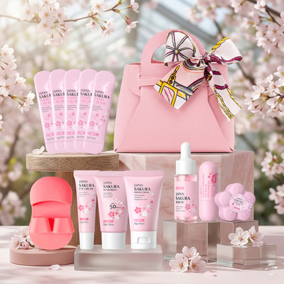 LAIKOU Sakura Glow Full Skin Care Set 13 Cái - với Serum Kem dưỡng mắt Kem chống nắng Kem dưỡng da mặt Kem dưỡng da tay Muối tắm | Bộ dụng cụ làm sáng và dưỡng ẩm toàn diện dành cho nữ