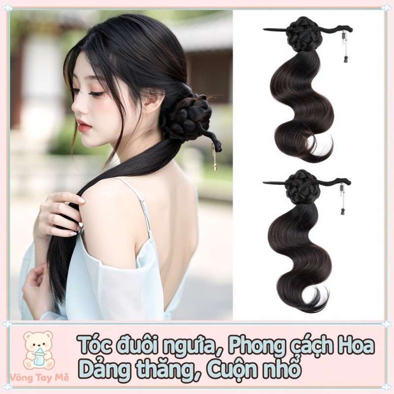 toc gia duoi ngua kep toc bim tet ma hoa den nau tu nhien phong cach co trang han phuc suon xam