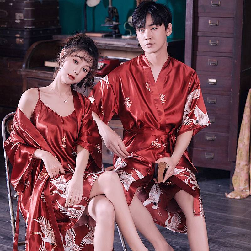 Large Size Couple Pajamas Men's and Women's Spring and Summer Long Robe Thin Bathrobe Home Wear oO3v