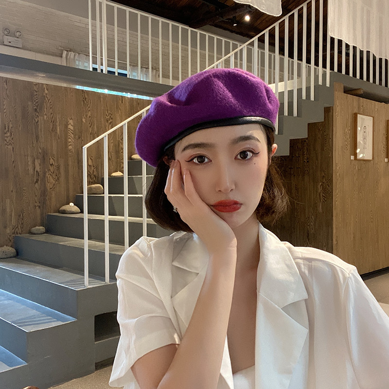 Mũ nồi Satomi Ishihara màu tím len da thu đông 2025 - phong cách mới thời thượng