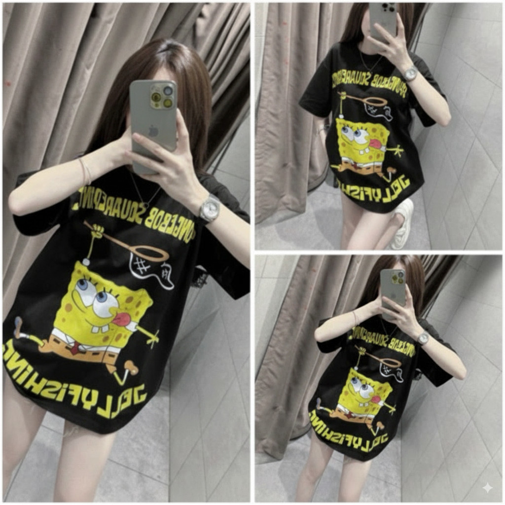 Áo Thun Nữ SpongeBob SquarePants Hot Trend 2025  Bọt Biển  Pimup In Hình Premium Cotton Basic Form R