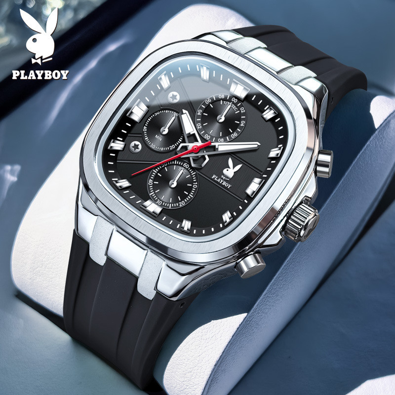 Playboy 3076 Thương Hiệu Đồng Hồ Vuông Punk Đồng Hồ Thạch Anh Đồng Hồ Nam Hộp Quà Tặng Bao Bì