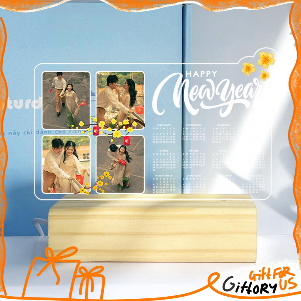 Khung Ảnh Mica Đế Đèn LED In Ảnh Theo Yêu Cầu – Lịch Tết Hoa Mai, LED USB, Mica 3mm (Nhận Hỏa Tốc)