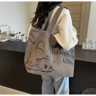 Túi Vải Tote Canvas Cỡ Lớn Có Khóa Kéo Đựng Vừa A4 - Họa Tiết Mèo Partner Dễ Thương Nhiều Màu