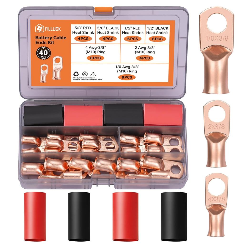 Bộ 40 Đầu Cáp Pin, 1 / 0 AWG 2 AWG 4 AWG Đồng Lugs, 0 Gauge 00 Viền Dây Chịu Lực Cao, Đầu Nối Vòng 3