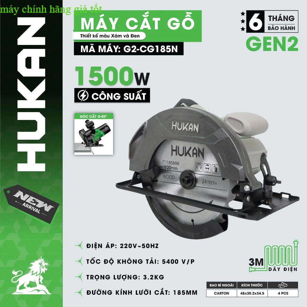 Máy cưa gỗ HUKAN HK-G2-CG185N, Công suất 1500W, Tặng 1 cặp chổi than + 1 Đĩa cắt Máy chính hãng GT