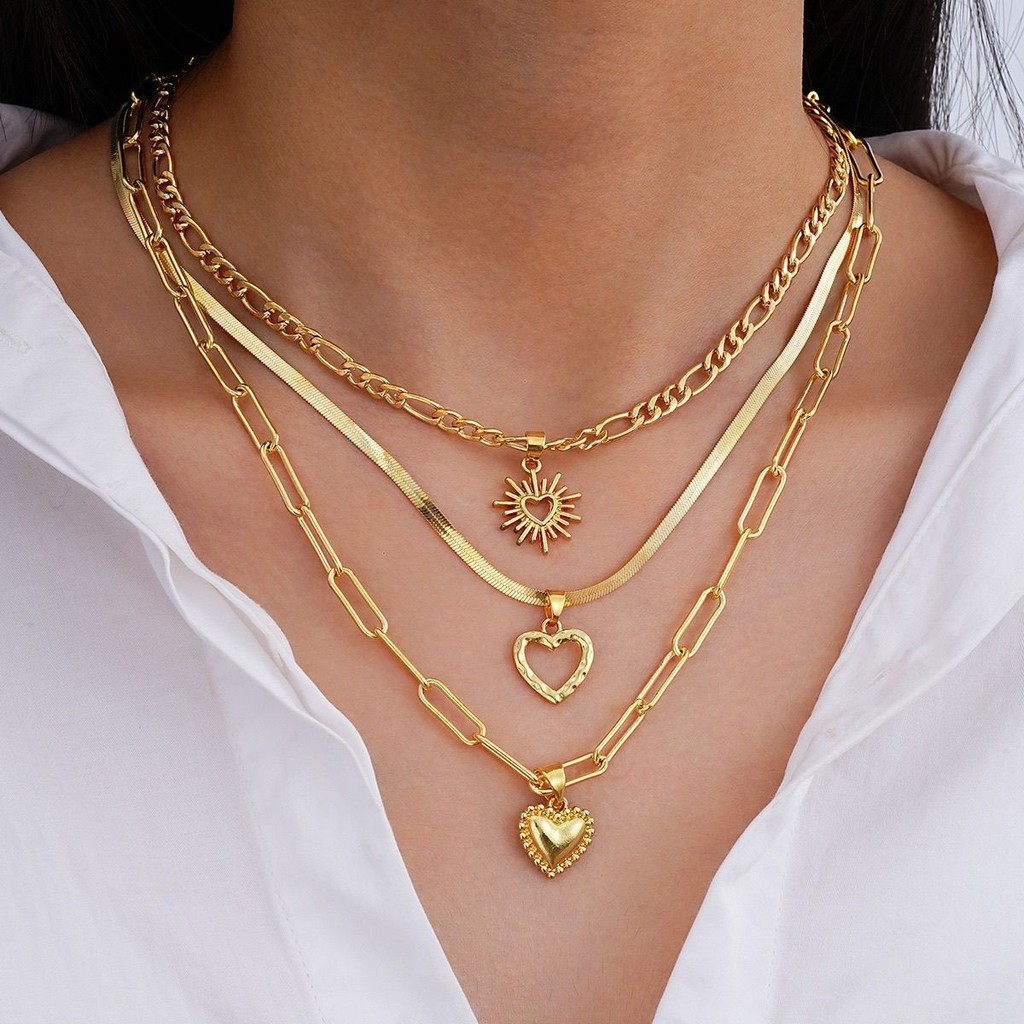 Hợp Thời Trang Retro Tính Khí Vòng Cổ Tình Yêu Bộ 3 Món Thời Trang Lớp Dây Xích Xương Đòn Trang Sức 