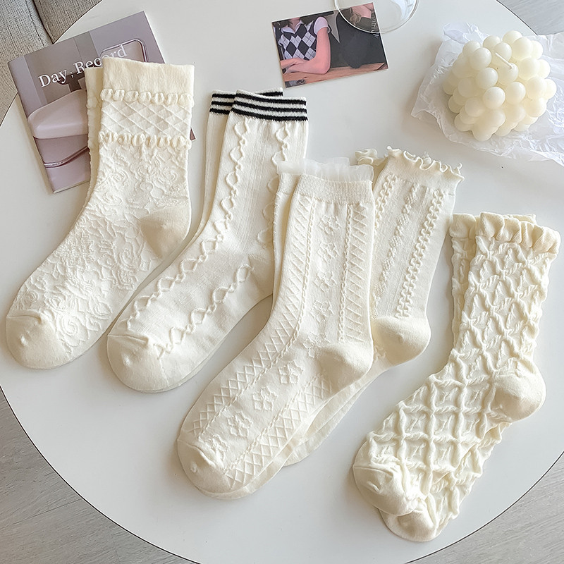 Tất Trắng Nữ Cotton Nguyên Chất Giữa Ống Tất Xuân Thu Đông Thể Thao Tất Dễ Thương Nhật Bản Ren JKins