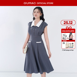  Đầm nữ GUMAC A cổ V phối trắng xếp ly 2 lớp vải bố linen dày dặn thanh lịch  DF05054 