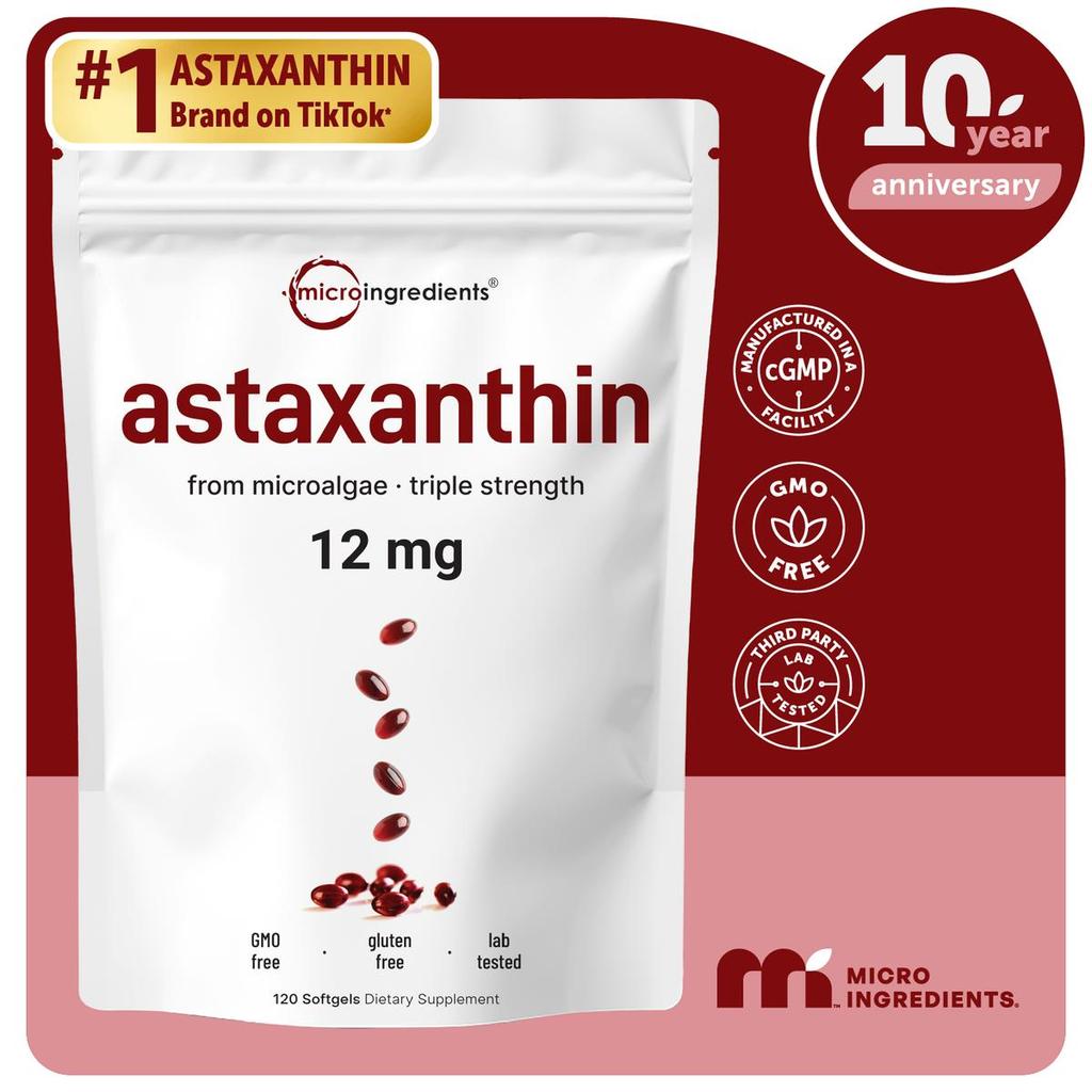 Thành phần dấu vết Astaxanthin 12mg, 120 Viên nang mềm | Cung cấp 4 tháng, khô chống nắng, tảo tươi,
