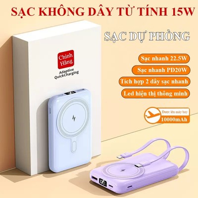 Sạc Dự Phòng Không Dây Từ Tính 10000mAh Sạc Nhanh 22.5W Hít Nam Châm Chắc Chắn