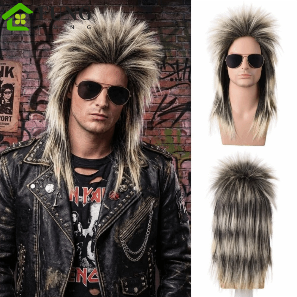 FUNG Tóc Giả Mullet Nam, Style 70s-80s Retro Rock Disco, Làm từ Tổng Hợp Lông Tơ Thật
